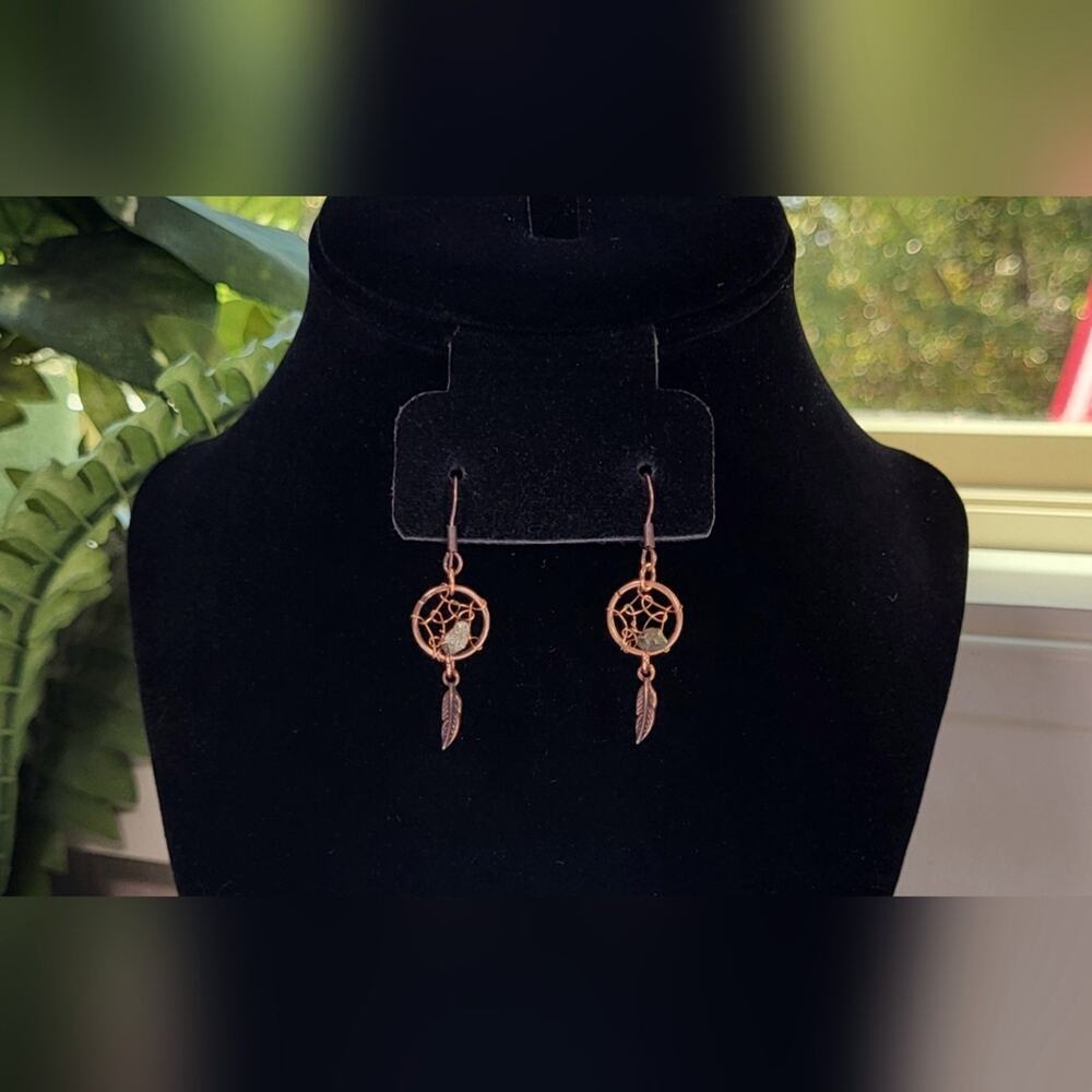 Copper Dreamcatcher Earrings with Gray Stone Accent - Picture 5 of 6